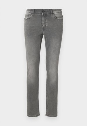 Graue Jeans aus Denim mit geradem Bein, Fünf-Taschen-Style, subtilen Ausbleichungen und kontrastierenden Nähten entlang der Säume.