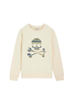 Sudadera de manga larga color crema con un diseño estampado de calavera y huesos cruzados en azul, verde y beige en la parte delantera.