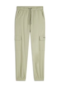 Pantaloni jogger verde chiaro con vita elastica, coulisse regolabile e tasche laterali. Presenta due tasche cargo sulle cosce. Texture morbida.