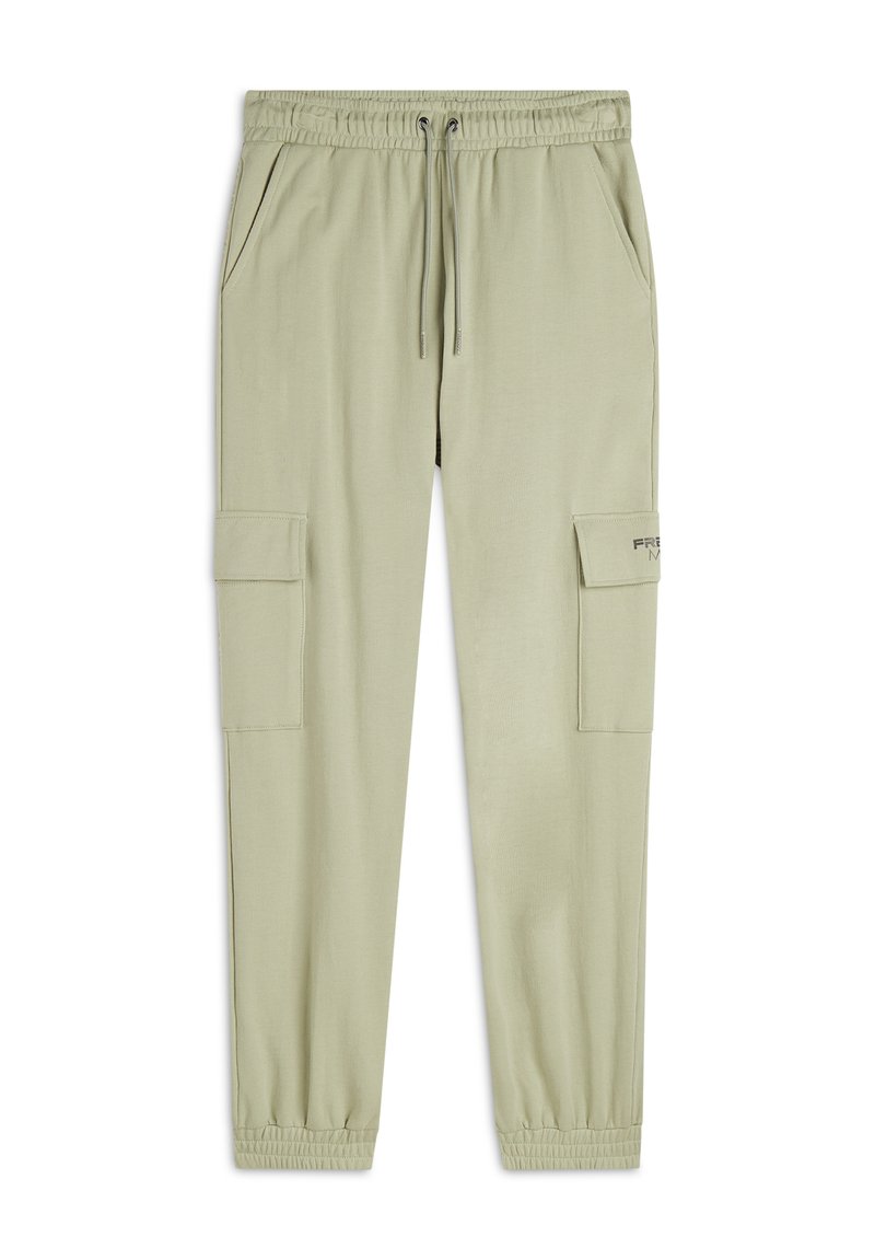 Pantaloni jogger verde chiaro con vita elastica, coulisse regolabile e tasche laterali. Presenta due tasche cargo sulle cosce. Texture morbida.