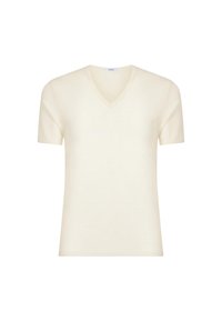 T-shirt a maniche corte con scollo a V in morbido tessuto crema. Design leggero e aderente con superficie liscia e senza motivi o dettagli visibili.