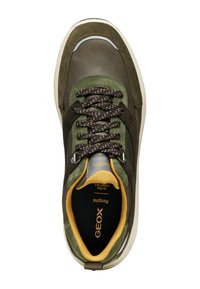 Sneaker da uomo in suede verde e marrone, con collo imbottito giallo, lacci scuri a motivo e suola bianca, con logo "GEOX" all'interno.
