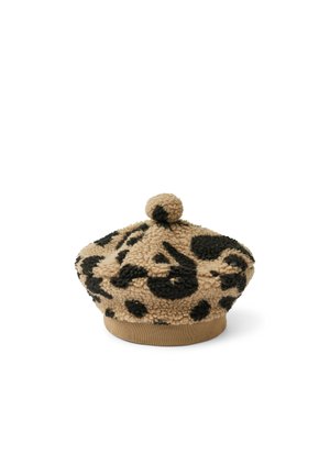 Bež i crni leopard uzorak mekani beret s teksturiranim pom-pom vrhom i solidnom bež rebrastom trakom na dnu.