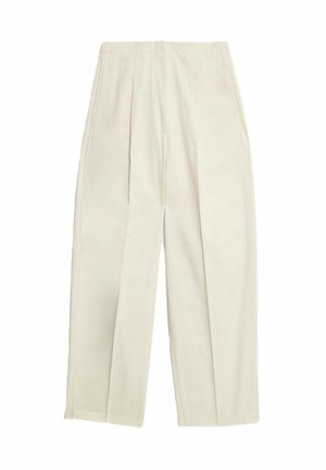 Beige wijde broek van een zachte stof, met voorplooien, zijzakken en een losse pasvorm voor comfort en stijl.