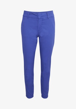 Blaue Baumwoll-Chinohosen mit schlanker Passform, flachem Vorderteil, Gürtelschlaufen und knöchellangem Design. Glatte Textur und saubere Nähte.