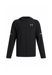 Zwarte zip-up jas van gladde stof, met een capuchon, twee voorzakken, reflecterende accenten en een roze logo op de borst.