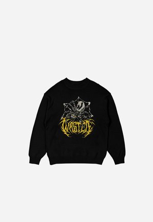 Black knitted sweater featuring a spider and web graphic in gray and yellow, with ribbed cuffs and collar. Structure: relaxed fit.