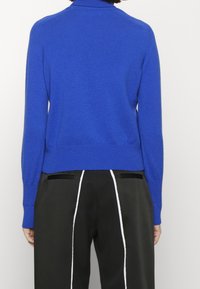 Stickad, livlig blå tröja med hög krage och långa ärmar, med ribbade mudd och fåll, bärs över svarta byxor med vit piping.