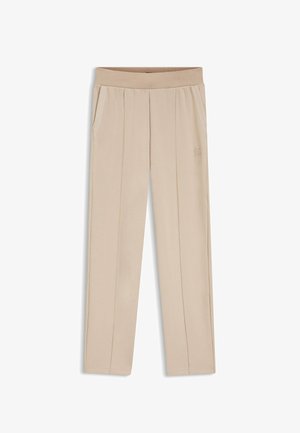 Beige broek van zachte stof, met een brede elastische tailleband, twee steekzakken aan de zijkant en subtiele plooien aan de voorkant.