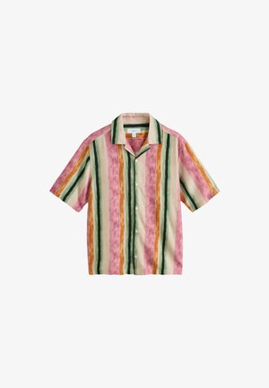 Kurzarm-Hemd mit Kragen, das vertikale Streifen in Pink, Grün, Orange und Creme zeigt. Hergestellt aus einem leichten, strukturierten Stoff.