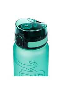 Bottiglia d'acqua in plastica verde chiaro con coperchio nero, dotata di beccuccio trasparente, meccanismo a pulsante e superficie del corpo liscia e opaca.