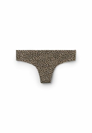 Damesstring met lage taille van bruin-zwart luipaardprintstof op een witte achtergrond.