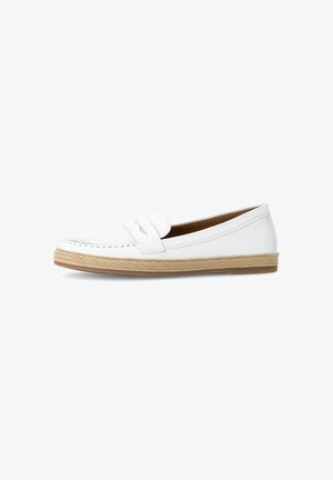 White leather loafer with a braided jute sole, featuring a stitched design and two decorative straps on the front. Classic shape and smooth texture.