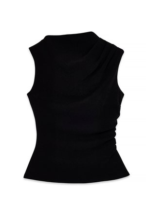 Haut sans manches noir avec un col drapé texturé, coupe ajustée et détail froncé sur le côté. Tissu lisse avec un léger éclat.