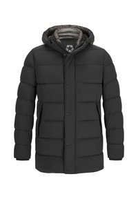 Schwarze Pufferjacke mit horizontalen Nähten, abnehmbarer Kapuze, Reißverschlusstaschen und grünen Akzenten am Kapuzenfutter. Glattes, isoliertes Material.