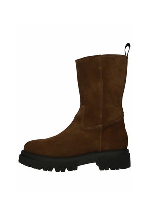 Brown suede mid-calf boot with black chunky rubber sole and pull tab at back, side view.