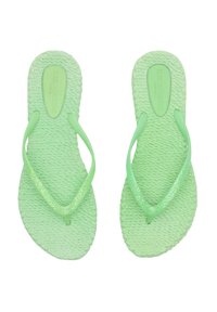 Lichtgroene flip-flops met gestructureerde zolen, gladde banden en glinsterende accenten op de banden, ontworpen voor casual gebruik.