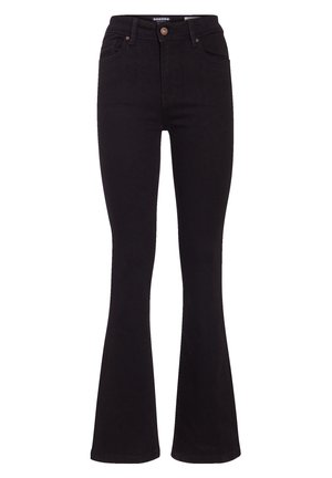 Schwarze, ausgestellte Jeans mit hoher Taille aus Denim. Verfügt über einen Knopfverschluss, Gürtelschlaufen sowie standardmä�ßige Vorder- und Gesäßtaschen.