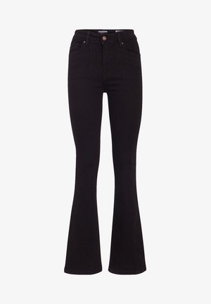 Jeans neri a palazzo con vita alta, realizzati in denim. Presentano una chiusura a bottone, passanti per la cintura e tasche frontali e posteriori standard.