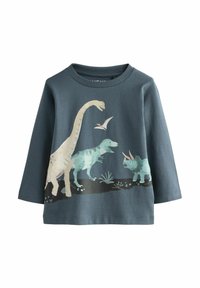 Ciemnoniebieska, długorękawowa koszulka dla malucha z ilustracjami brontozaura, tyranozaura, triceratopsa i latającego pterozzaura.