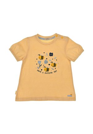Maglietta per bambino a maniche corte a strisce gialle e bianche con illustrazioni di api e fiori e testo "Such a Beeutiful Day" sul davanti.