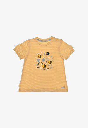 Yellow and white striped short-sleeve baby shirt with bee and flower illustrations and "Such a Beeutiful Day" text on the front.