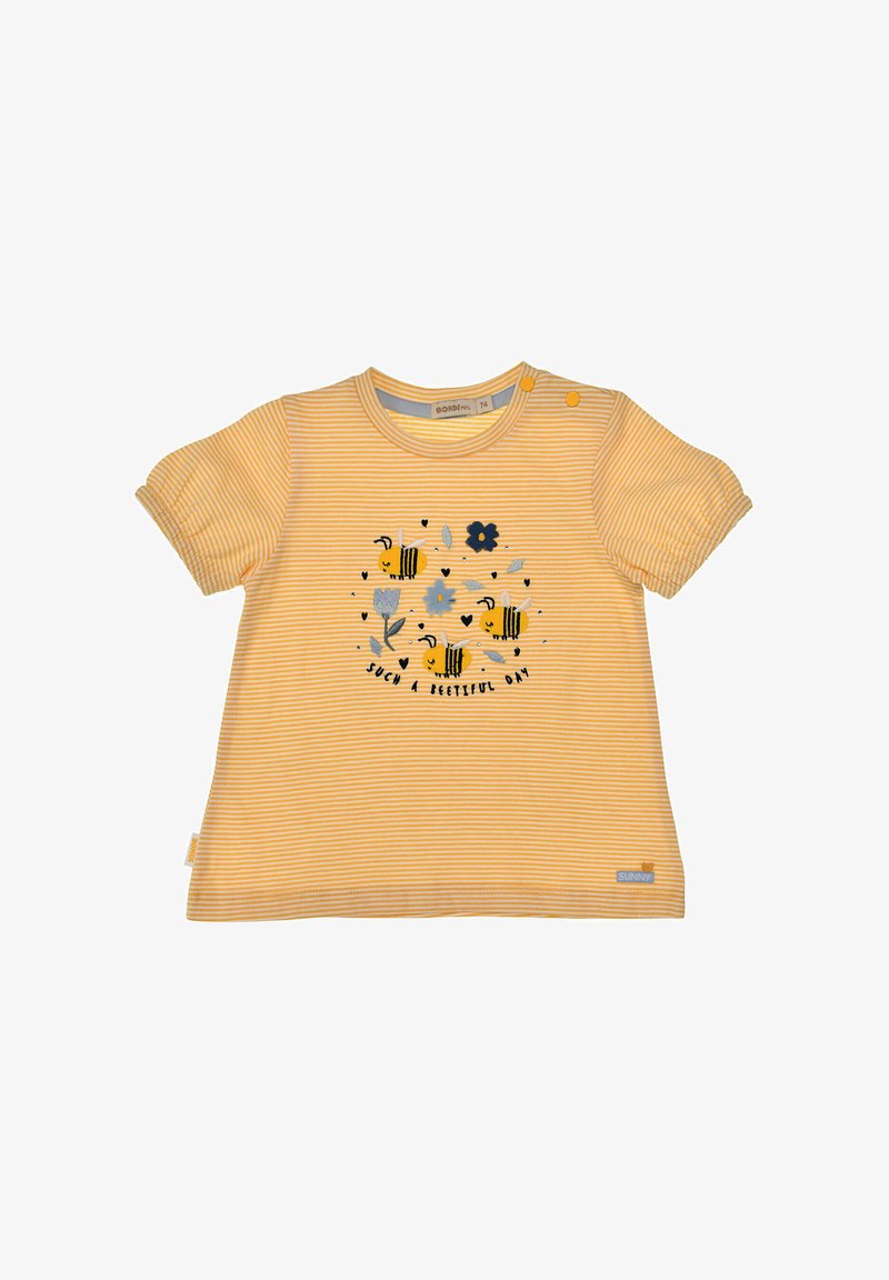 Maglietta per bambino a maniche corte a strisce gialle e bianche con illustrazioni di api e fiori e testo "Such a Beeutiful Day" sul davanti.