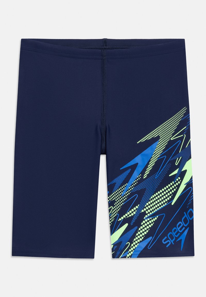 Marineblauwe zwemjammers met een blauwgroen zigzagpatroon en het Speedo-logo op de rechterdij.