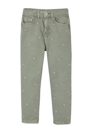 Grüne Jeans aus Denim mit gestickten weißen Blumen, die über die Vorderseite verteilt sind, ausgestattet mit Vordertaschen und Gürtelschlaufen.