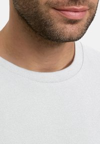 Jasnoszara sweter z dzianiny z okrągłym dekoltem. Tekstura wydaje się miękka, z subtelnym wzorem, mocno skrojony, aby pokazać szczegóły materiału.