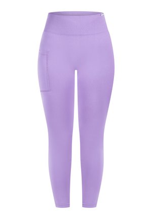 Lila Leggings mit breitem Bund, figurbetontem Design und seitlicher Tasche. Glatte Textur, maßgeschneiderte Passform und knielang.