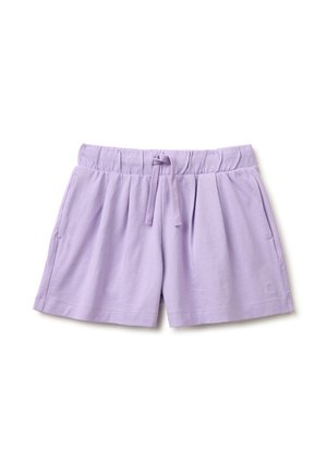 Lila legere Shorts mit elastischem Bund, vorderem Kordelzug und Seitentaschen, aus weichem Stoff.