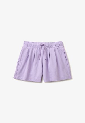 Liliowe casualowe krótkie spodenki z elastycznym paskiem, sznurkiem z przodu i bocznymi kieszeniami, wykonane z miękkiego materiału.