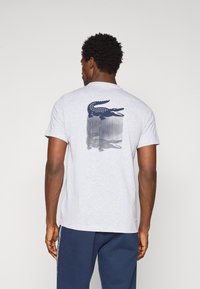 Γκρι βαμβακερό T-shirt με στρογγυλή λαιμόκοψη και κοντά μανίκια, με γραφικό κροκόδειλο σε ναυτικό μπλε στην πλάτη, πάνω από κάθετους γραμμικούς σχεδιασμούς.