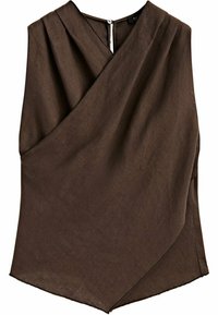 Haut sans manches brun en tissu léger, avec un design drapé, un décolleté en V et un ourlet asymétrique. Fermeture à boutons au dos.