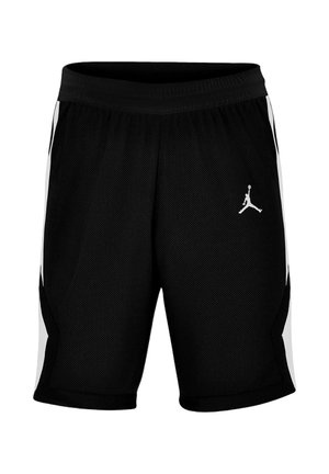 Schwarze Sportshorts mit weißen Seitenstreifen und einem weißen Basketballspieler-Silhouettenlogo am rechten Oberschenkel.