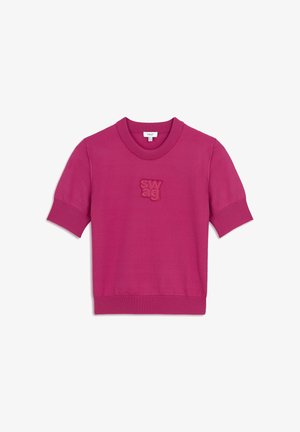 Maglione a maniche corte di un vivace colore rosa, con un logo "swag" testurizzato sul petto e dettagli a coste sul collo e sull'orlo.