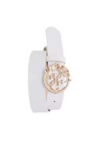 Cintura in pelle bianca con una fibbia rotonda dorata caratterizzata da un intricato design del logo e accenti floreali. Superficie liscia, misura regolabile.