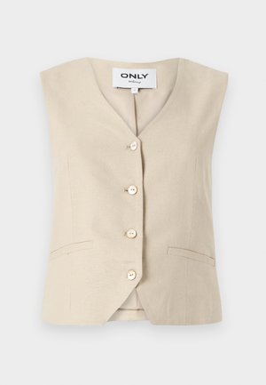 Beige vest with a V-neck, five buttons, and side pockets. Made from textured fabric, featuring a tailored design.