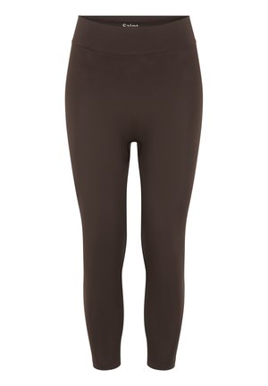 Leggings marrones de cintura alta y largo hasta el tobillo, con tejido suave y sin patrones ni adornos visibles.