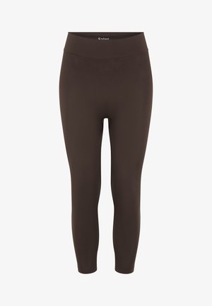 Smeđe visokog struka legging hlače do gležnja od glatke tkanine bez vidljivih uzoraka ili ukrasa.