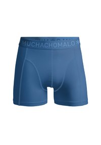 Blue men's boxer briefs with a logo-printed waistband, made from smooth, stretchy fabric. Features a fitted design and flat seams.