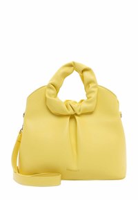 Borsa a mano gialla con manico annodato, realizzata in materiale liscio. Presenta una tracolla rimovibile e una grafica discreta sul davanti.