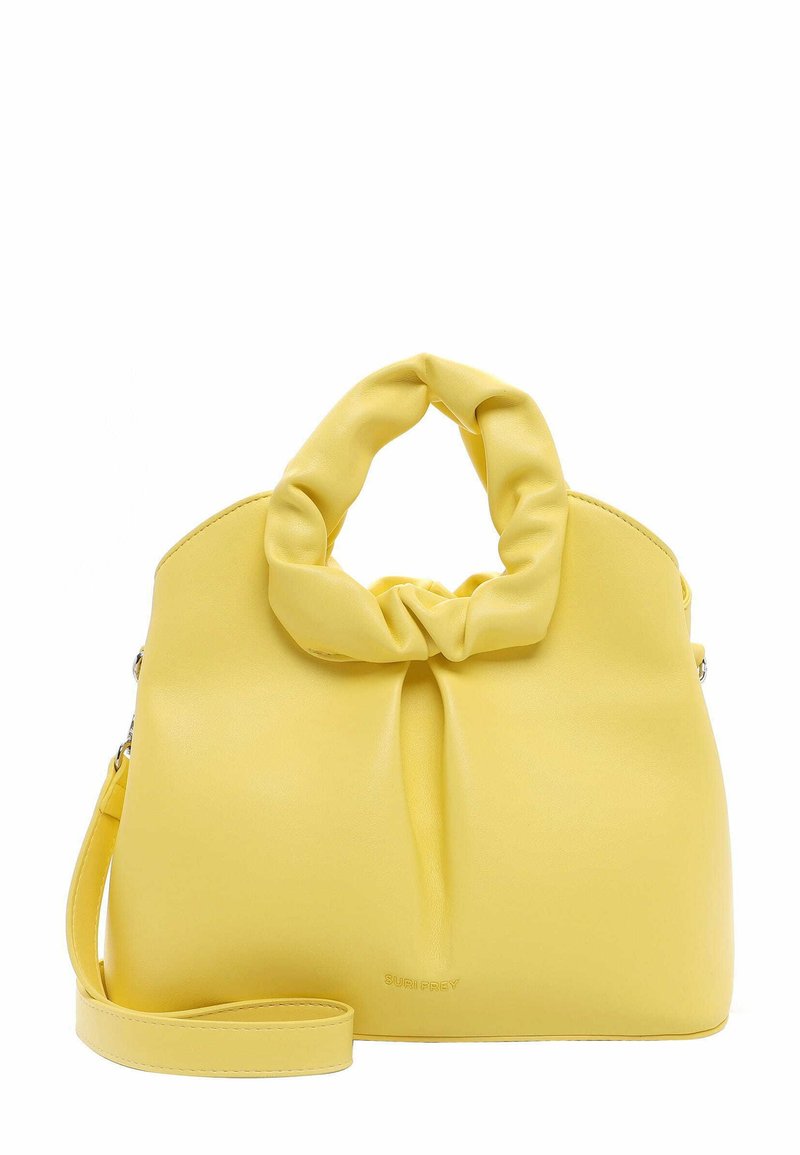 Borsa a mano gialla con manico annodato, realizzata in materiale liscio. Presenta una tracolla rimovibile e una grafica discreta sul davanti.