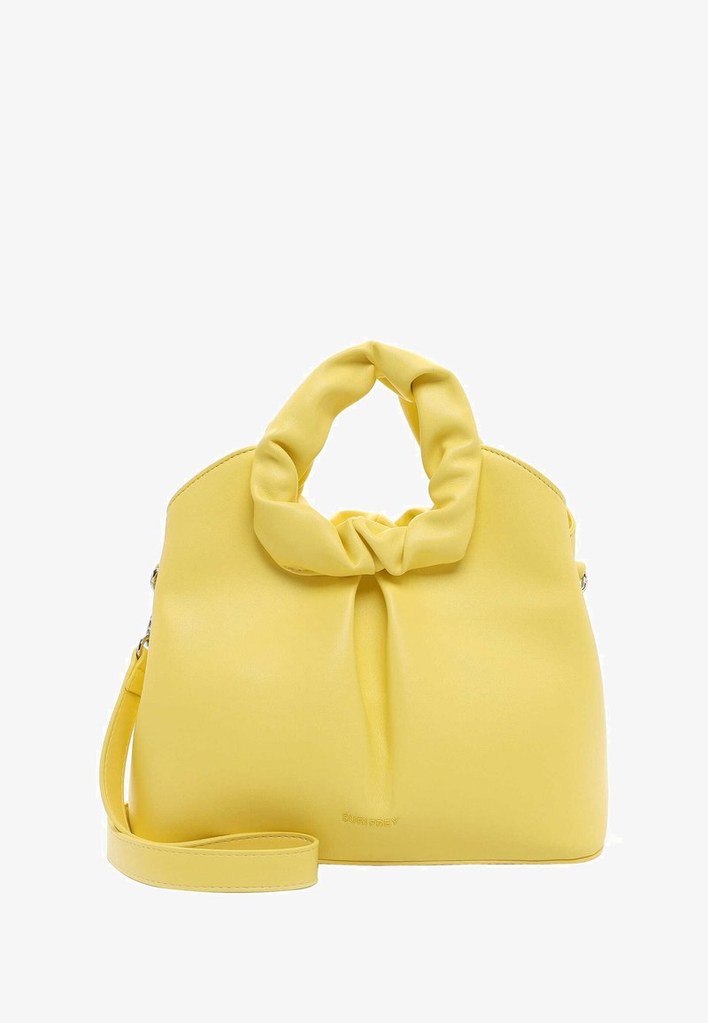 Borsa a mano gialla con manico annodato, realizzata in materiale liscio. Presenta una tracolla rimovibile e una grafica discreta sul davanti.