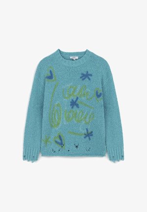Maglione lavorato a maglia turchese con una texture morbida, caratterizzato da grafiche multicolori di cuori e stelle. Polsini a coste.