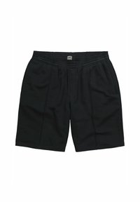 Black knee-length shorts with elastic waistband and side pockets, featuring a small rectangular brand label on the front center waistband.