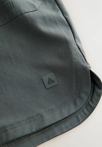Grå stofshorts med en glat overflade, prydet med et trekantet logo-patch i sort, syet kant og minimalistiske designdetaljer.