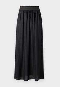 Falda maxi negra hecha de tela ligera con una cinturilla elástica. Presenta una silueta fluida y una superficie suave y sin textura.
