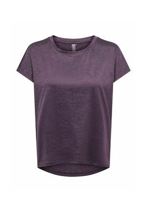 Fioletowy damski t-shirt z krótkim rękawem, okrągłym dekoltem i lekko zakrzywionym dołem na białym tle.